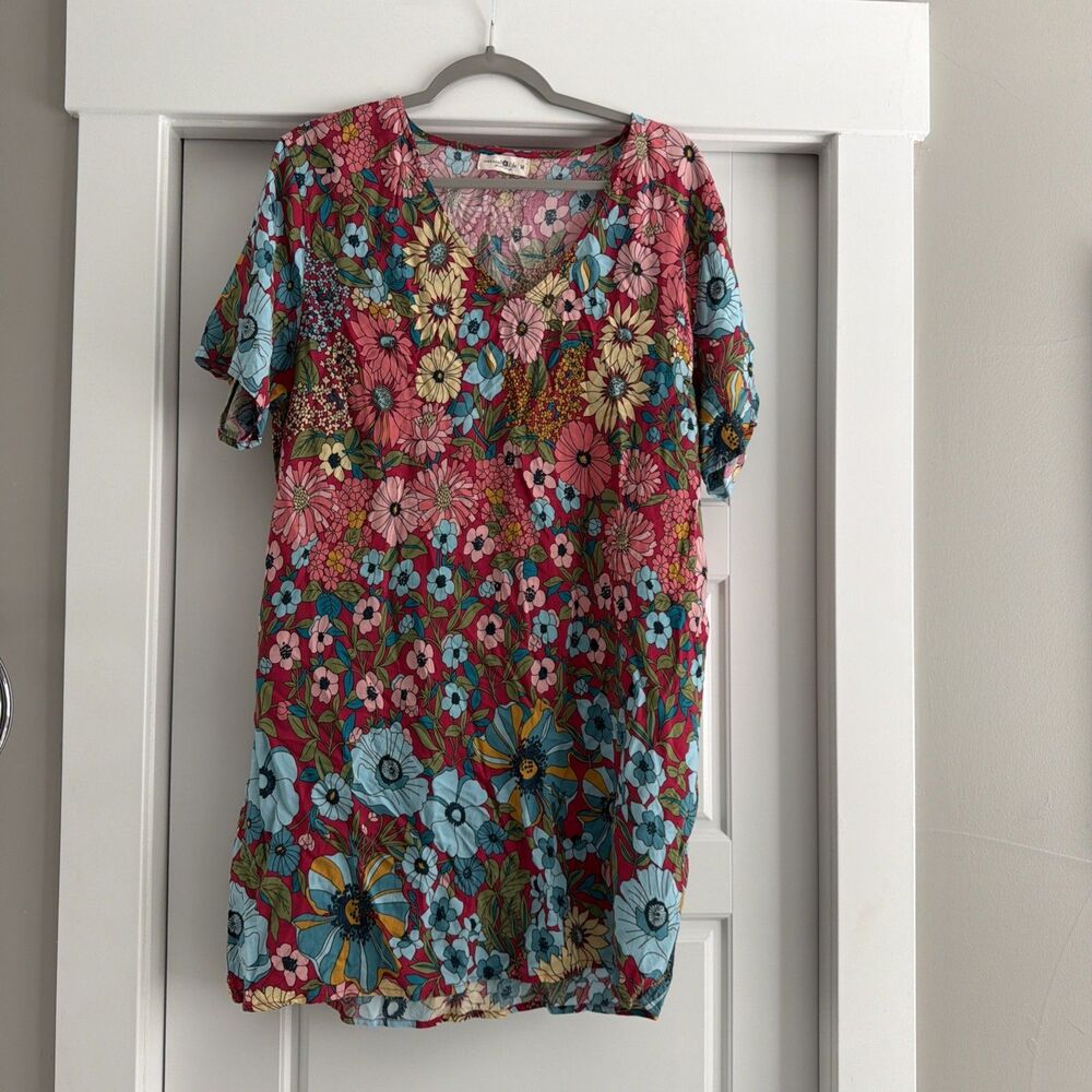Natural Life Retro Floral V Neck Shift Mini Dress Pink Beachy Flowy medium